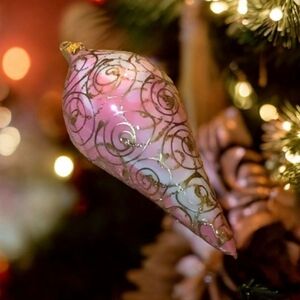 Hand blown glass Vintage ornament, tear Drop Shape pink white with gold